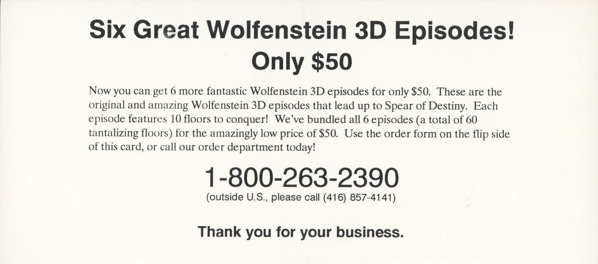 Extras for Spear of Destiny (DOS) (3.5" Disk Release): Wolfenstein Order Form - Back