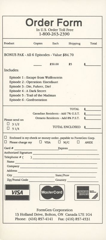 Extras for Spear of Destiny (DOS) (3.5" Disk Release): Wolfenstein Order Form - Front