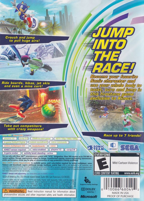 Back Cover for Sonic Free Riders (Xbox 360)