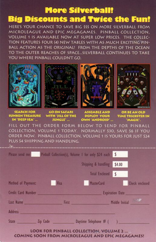 Advertisement for Silverball (DOS): Pinball Collection Volume I (became Epic Pinball)