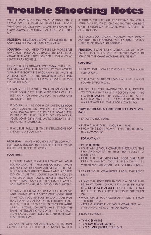 Reference Card for Silverball (DOS): Back