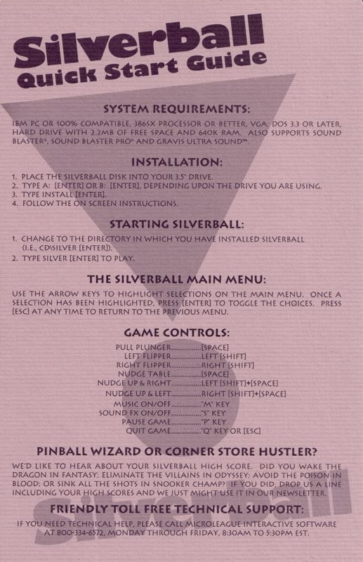 Reference Card for Silverball (DOS): Front
