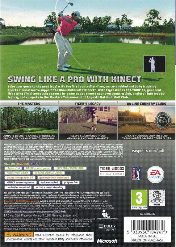 Back Cover for Tiger Woods PGA Tour 13 (Xbox 360) (retail release)