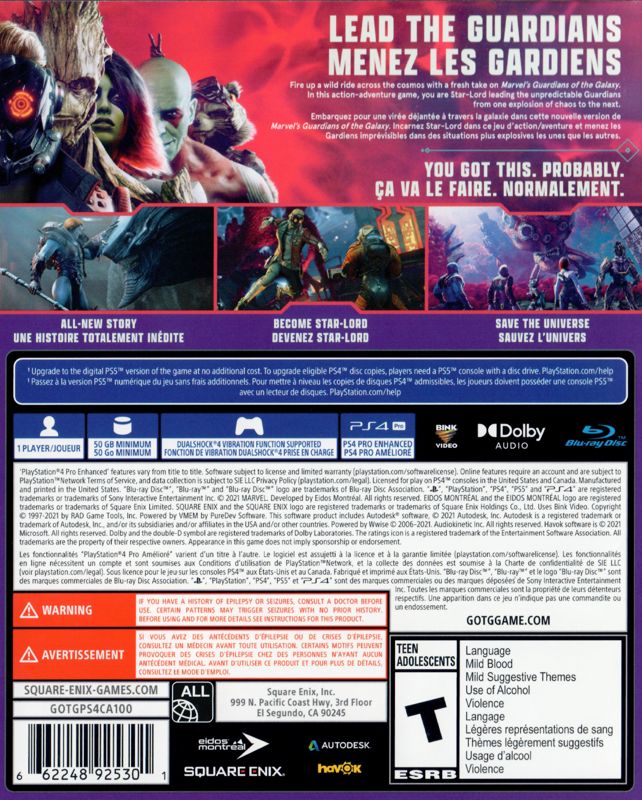 Back Cover for Marvel Guardians of the Galaxy (PlayStation 4)