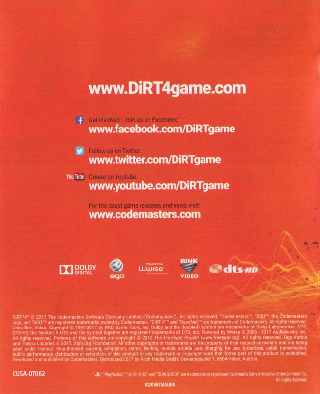 Manual for DiRT 4 (PlayStation 4): Back
