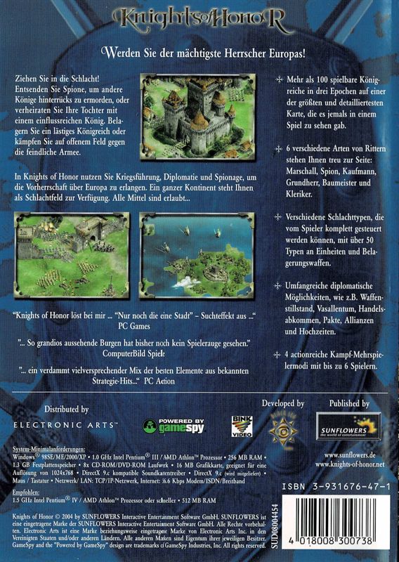 Back Cover for Knights of Honor (Windows)
