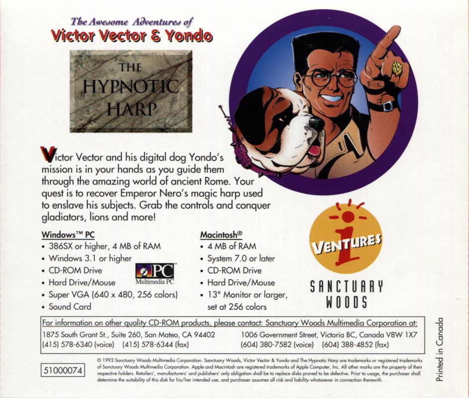 Other for The Awesome Adventures of Victor Vector & Yondo: The Hypnotic Harp (Macintosh and Windows 3.x): Jewel Case - Back