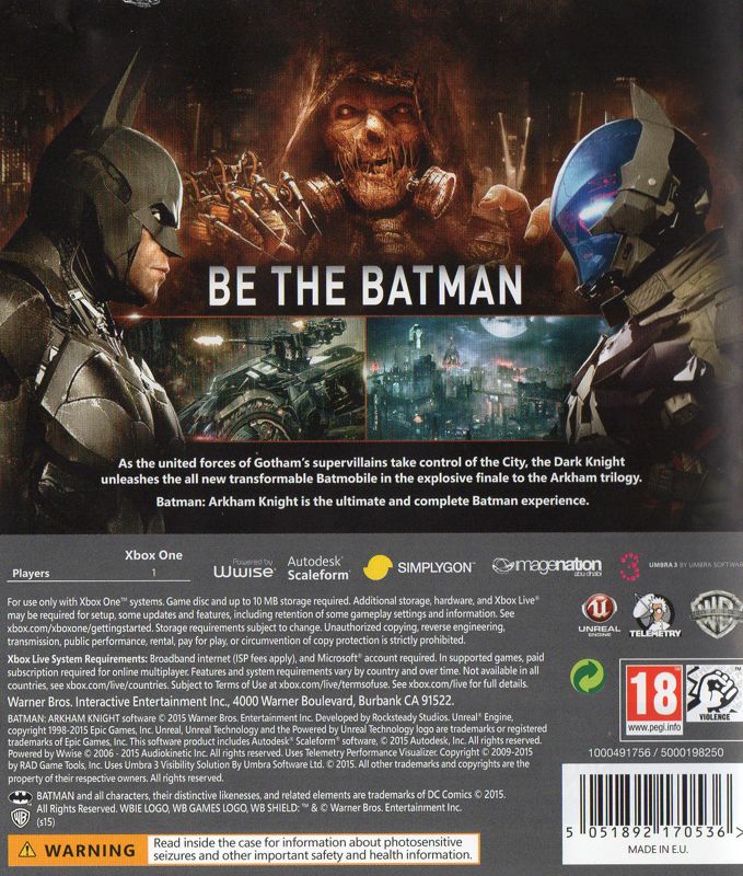 Back Cover for Batman: Arkham Knight (Xbox One)
