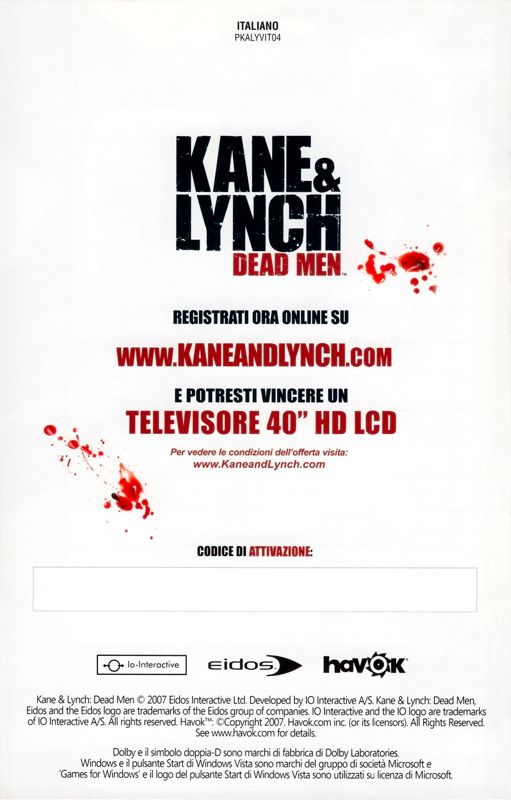 Manual for Kane & Lynch: Dead Men (Windows): Back