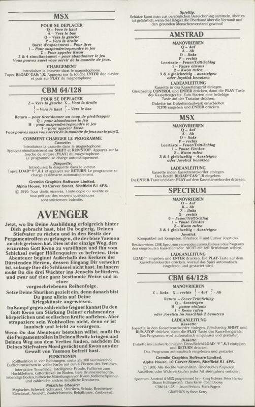 Manual for Avenger (ZX Spectrum)