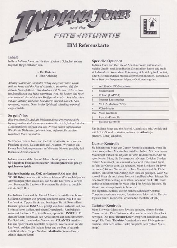 Reference Card for Indiana Jones and the Fate of Atlantis (DOS) (CD-ROM version): IBM Reference Card