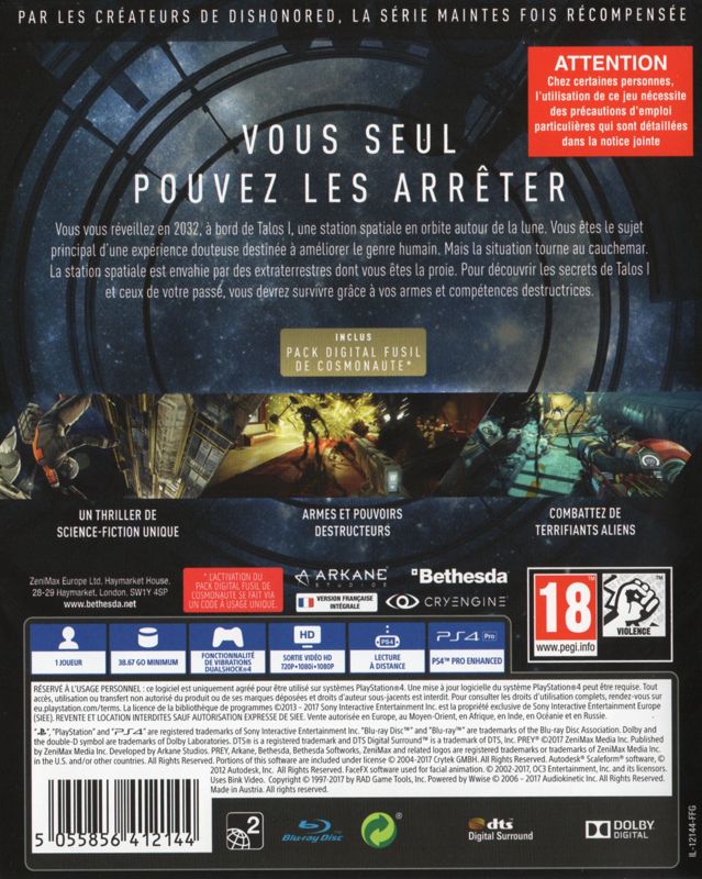 Back Cover for Prey (PlayStation 4)