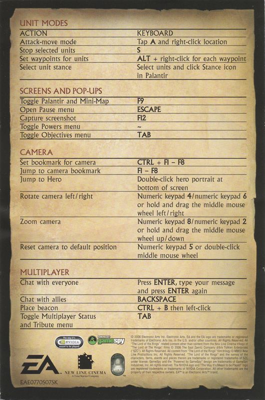 Reference Card for The Lord of the Rings: The Battle for Middle-earth II (Collector's Edition) (Windows) (General European release): Keyboard Commands - Back