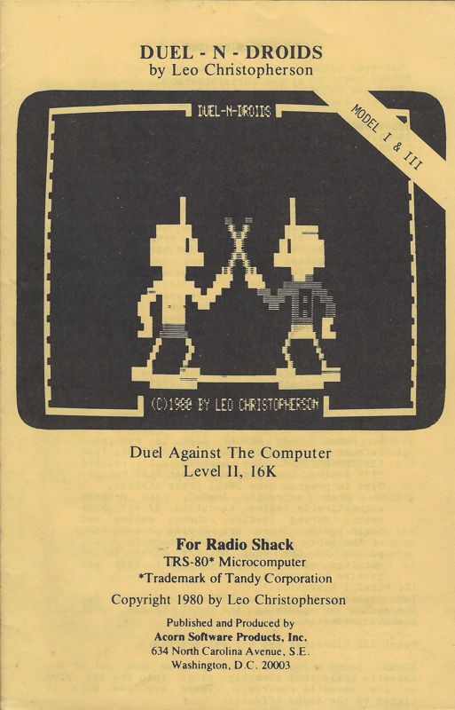 Front Cover for Duel-N-Droids (TRS-80): Also front cover of manual