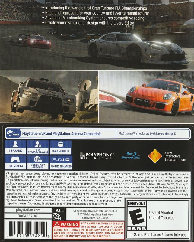 Back Cover for Gran Turismo: Sport (PlayStation 4) (PlayStation Hits release)