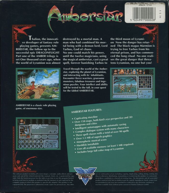 Back Cover for Amberstar (DOS)