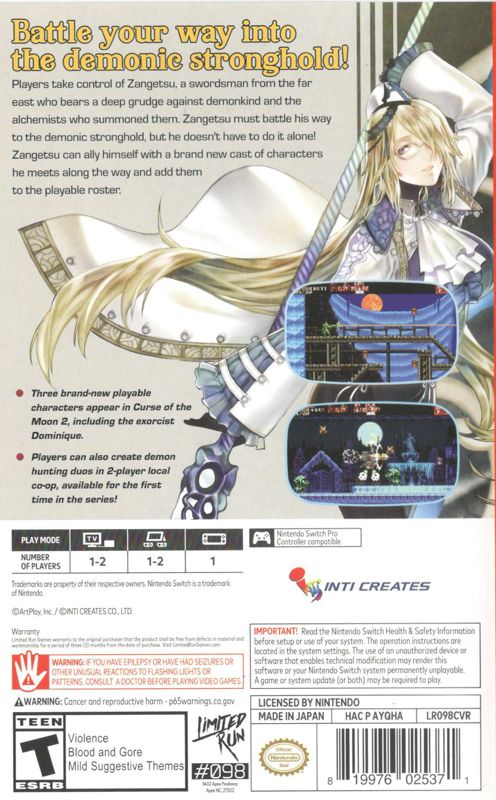 Back Cover for Bloodstained: Curse of the Moon 2 (Nintendo Switch)