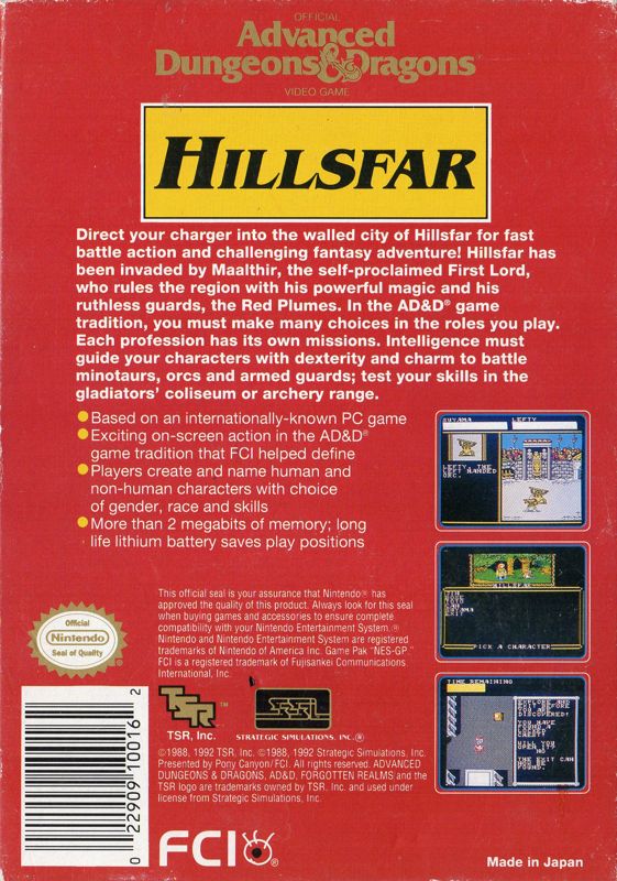 Back Cover for Hillsfar (NES)
