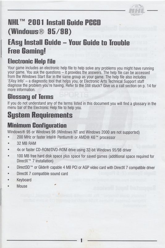 Other for NHL 2001 (Windows) (Alternate covers - all blue CD): Install Guide - Front