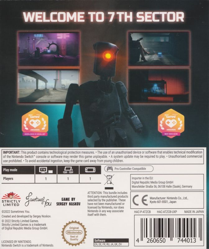 Back Cover for 7th Sector (Special Limited Edition) (Nintendo Switch) (Strictly Limited Games release 63)