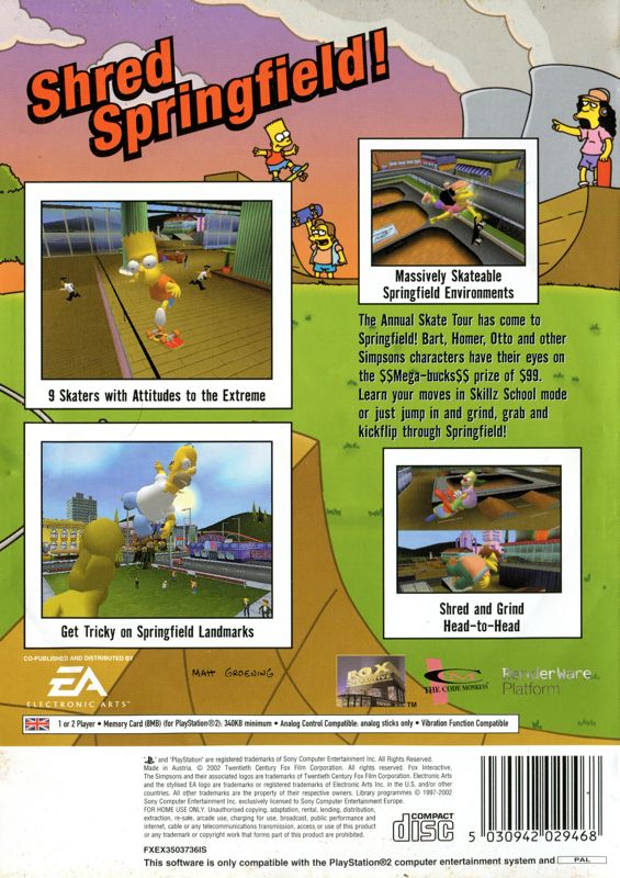 Back Cover for The Simpsons: Skateboarding (PlayStation 2)