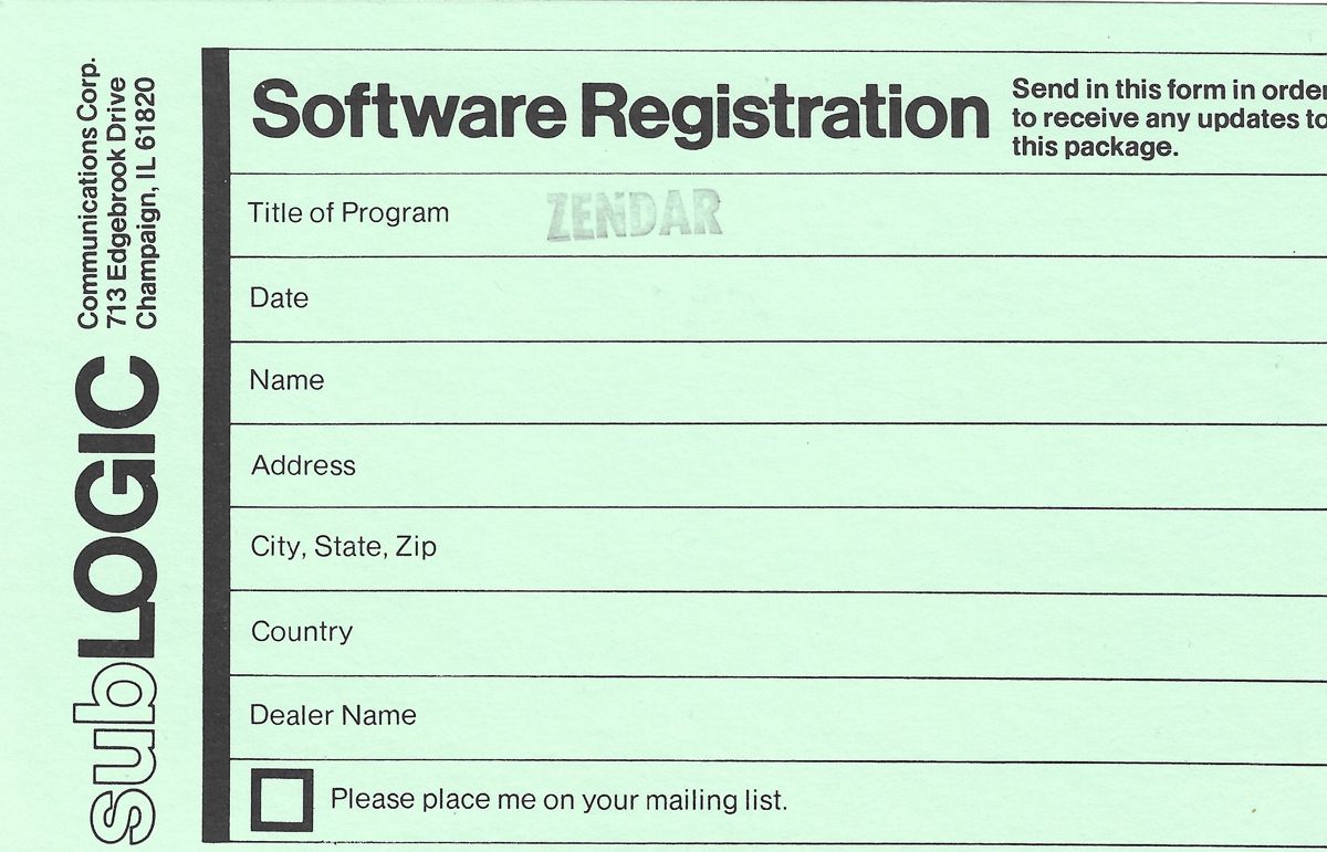 Other for Zendar (Apple II): Registration card