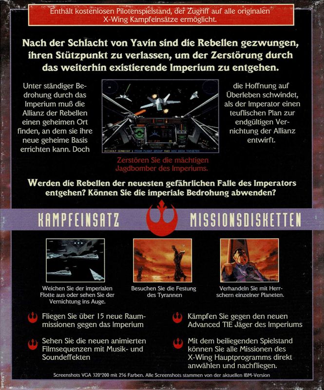 Back Cover for Star Wars: X-Wing - Imperial Pursuit (DOS) (1st German Alternate Release (Game in English, Manual in German))