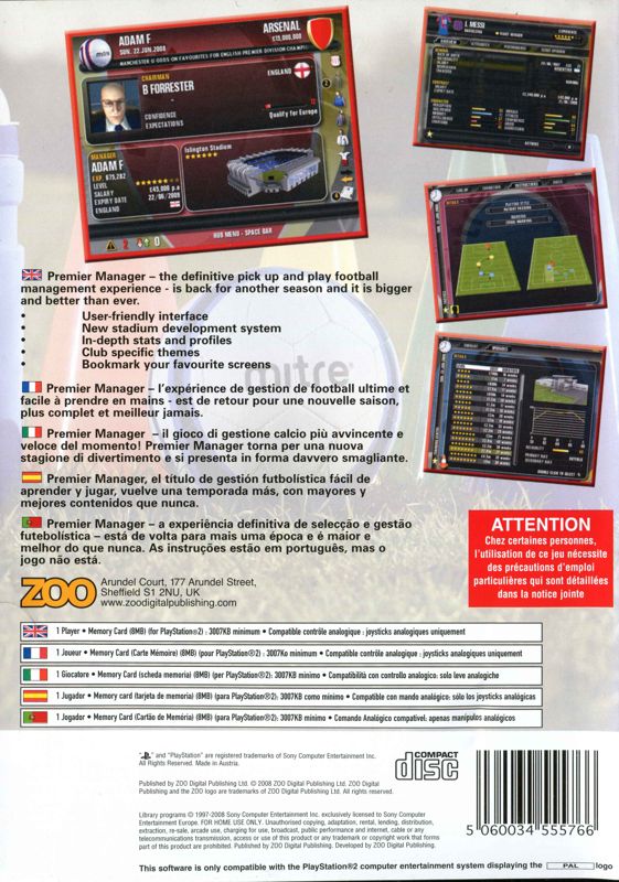 Back Cover for Premier Manager 09 (PlayStation 2)