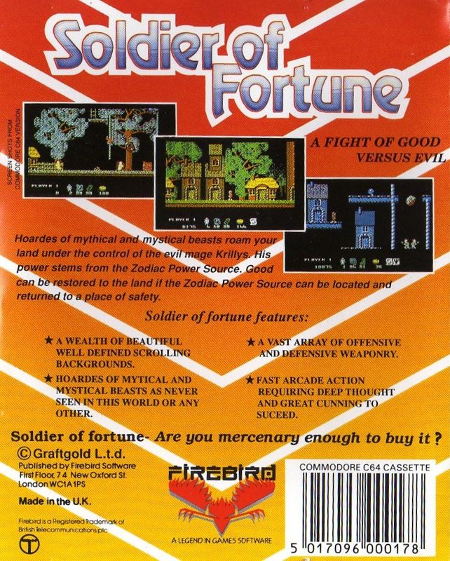 Back Cover for Soldier of Fortune (Commodore 64)