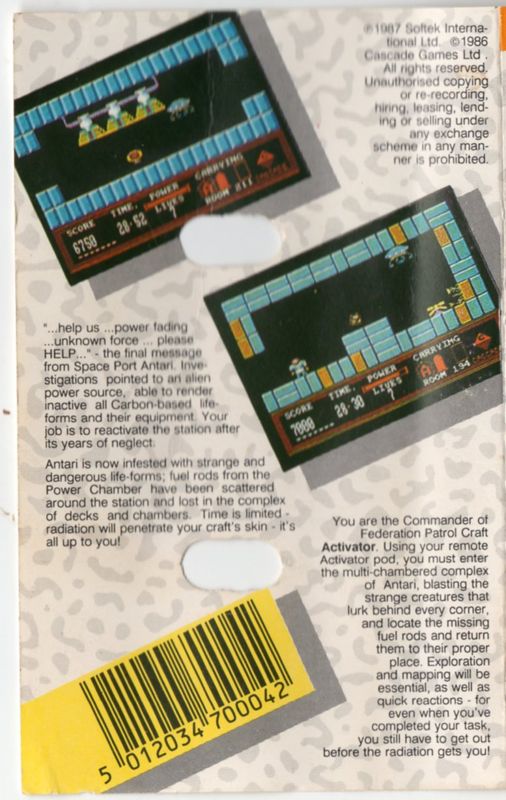 Back Cover for Activator (Amstrad CPC) (The Micro Selection budget release)