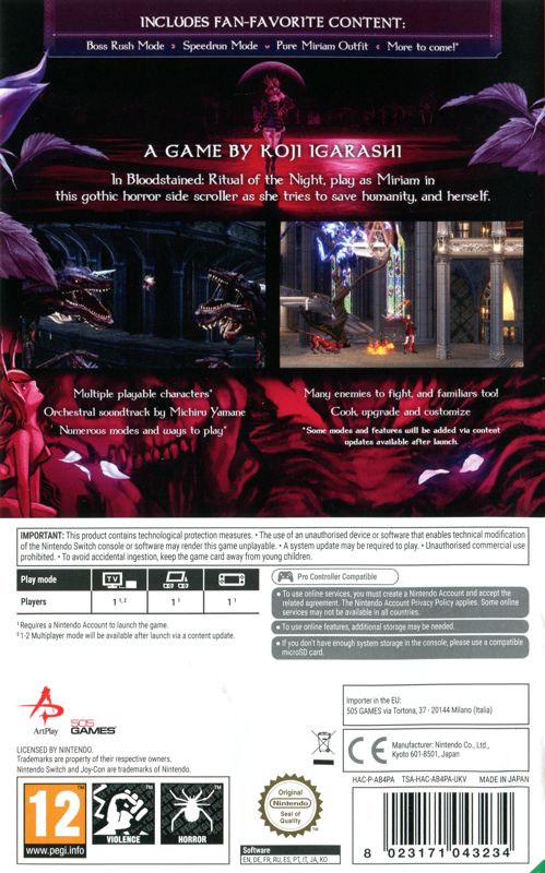 Back Cover for Bloodstained: Ritual of the Night (Nintendo Switch)