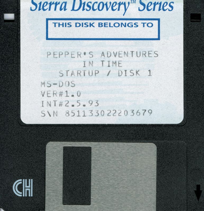 Media for Pepper's Adventures in Time (DOS and Windows 3.x) (Alternate system requirements sticker and disk cover art): Disk 1