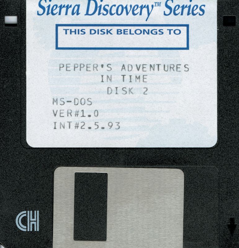 Media for Pepper's Adventures in Time (DOS and Windows 3.x) (Alternate system requirements sticker and disk cover art): Disk 2