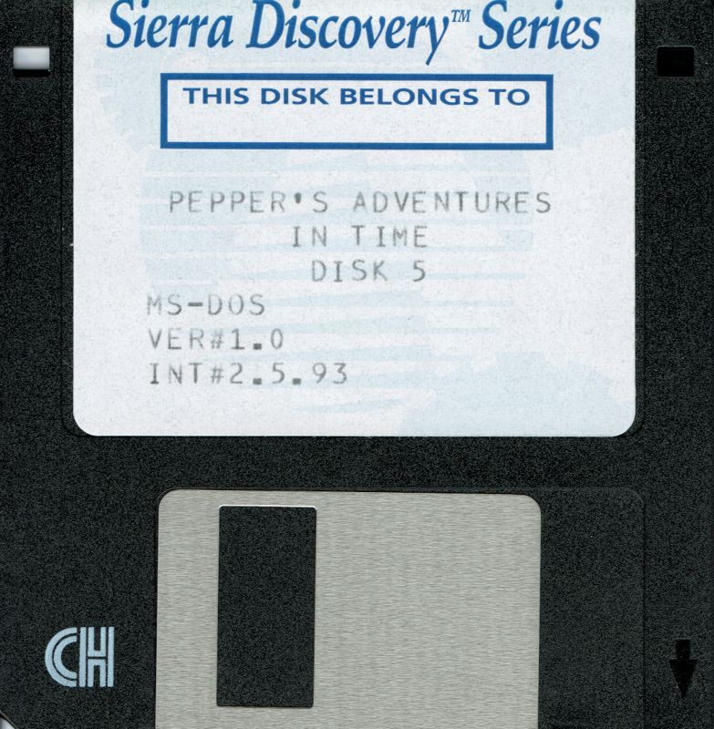 Media for Pepper's Adventures in Time (DOS and Windows 3.x) (Alternate system requirements sticker and disk cover art): Disk 5