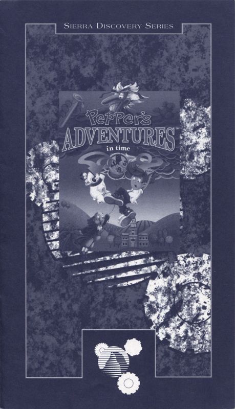 Manual for Pepper's Adventures in Time (DOS and Windows 3.x) (Alternate system requirements sticker and disk cover art): Game specific manual - Front