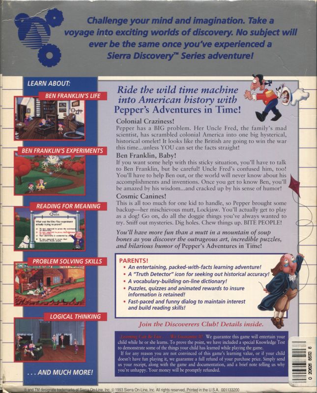 Back Cover for Pepper's Adventures in Time (DOS and Windows 3.x) (Alternate system requirements sticker and disk cover art)