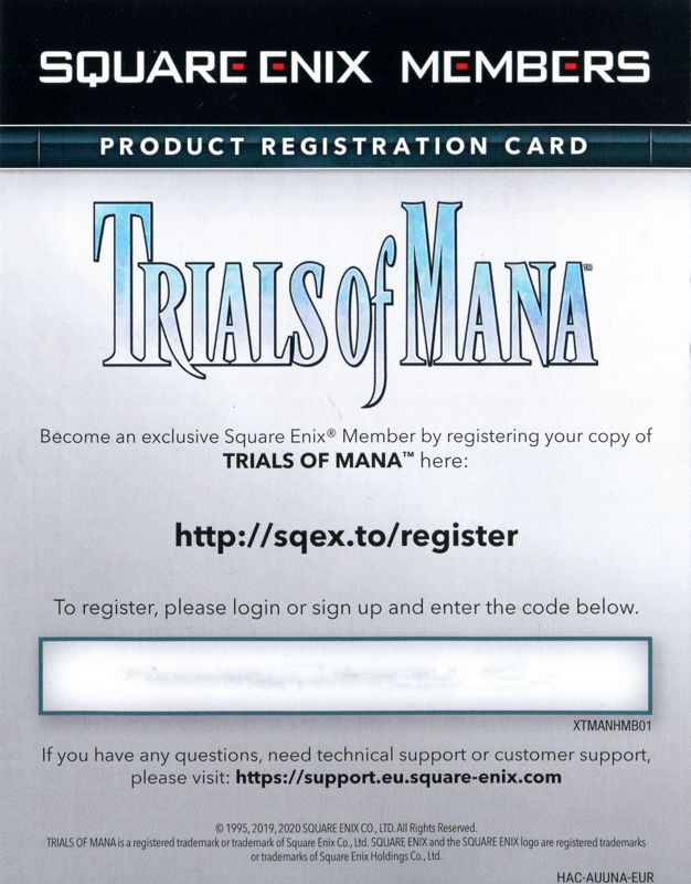 Extras for Trials of Mana (Nintendo Switch): Registration card - front