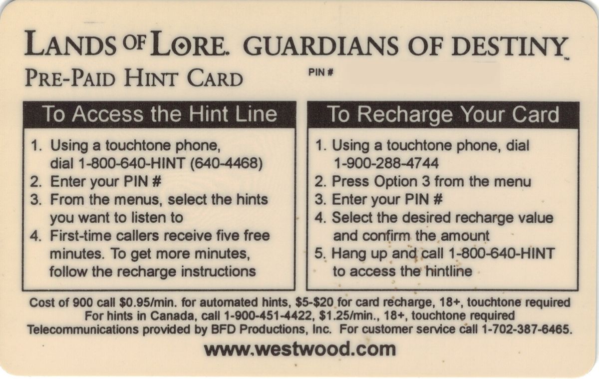 Other for Lands of Lore: Guardians of Destiny (DOS and Windows): Pre-Paid Hint Card - Back