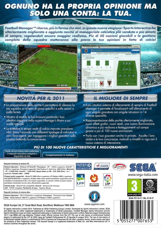 Back Cover for Football Manager 2011 (Macintosh and Windows)