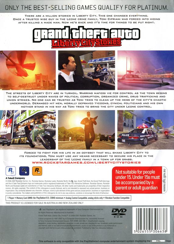 Back Cover for Grand Theft Auto: Liberty City Stories (PlayStation 2) (Platinum release)