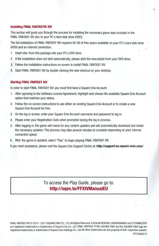 Extras for Final Fantasy XIV Online: Complete Edition (Windows): Installation flyer - back