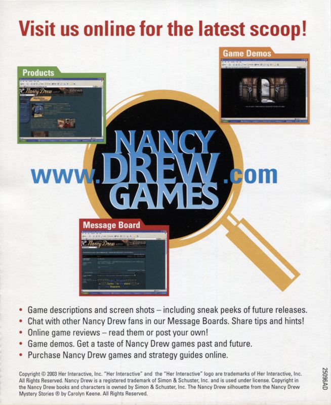 Advertisement for Nancy Drew: The Secret of Shadow Ranch (Windows) (Earlier release with different promotional material): Product Guide - Back