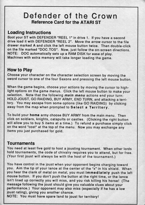 Manual for Defender of the Crown (Atari ST): Atari ST Reference Card - Front