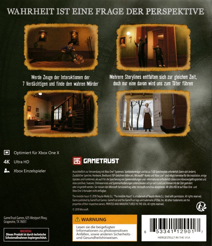 Back Cover for The Invisible Hours (Xbox One)