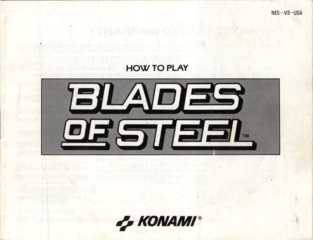 Manual for Blades of Steel (NES): Front