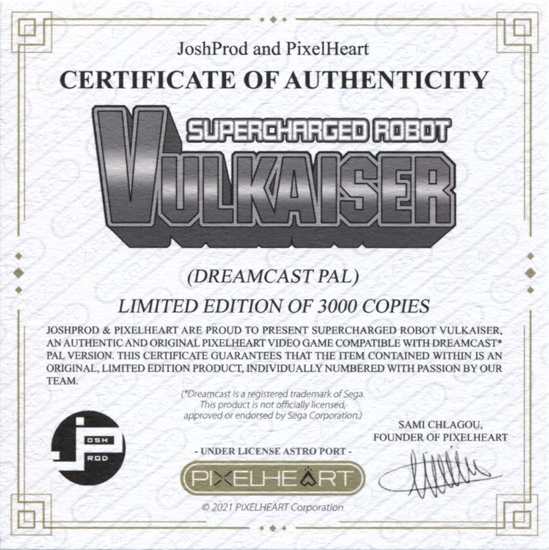 Extras for Supercharged Robot Vulkaiser (Dreamcast): Certificate of Authenticity
