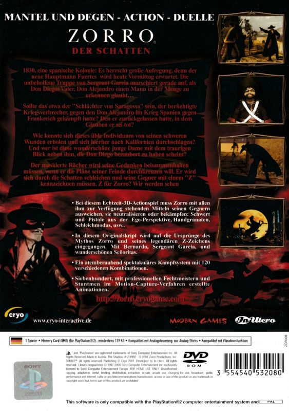 Back Cover for The Shadow of Zorro (PlayStation 2)