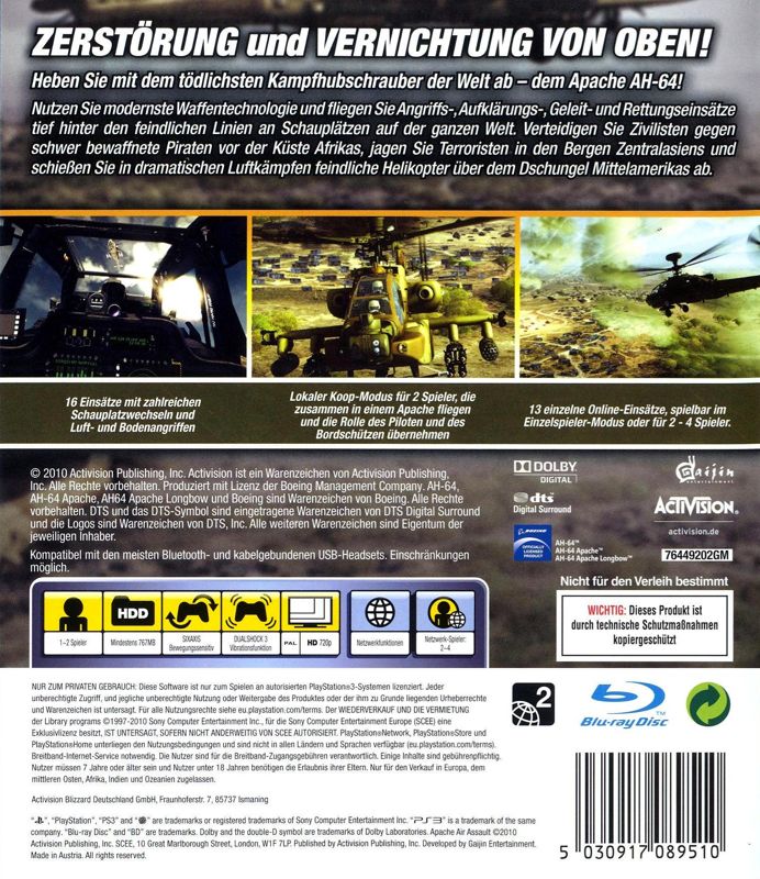Back Cover for Apache Air Assault (PlayStation 3)