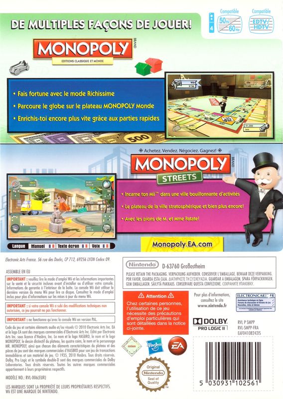 Back Cover for Monopoly Collection (Wii)