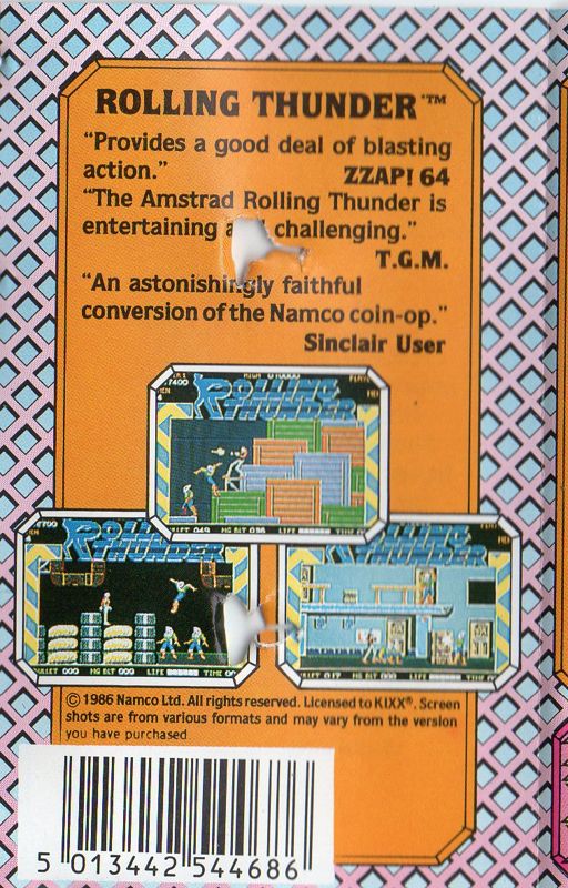 Back Cover for Rolling Thunder (Amstrad CPC) (Kixx budget release)